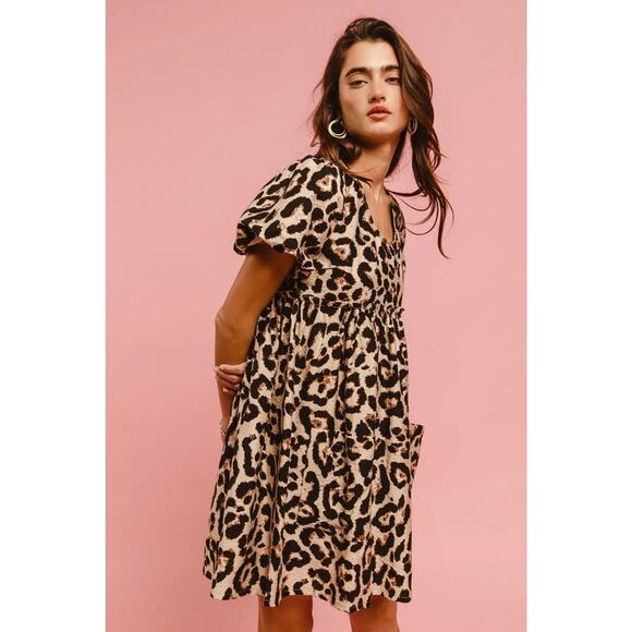 BiBi Leopard Print Woven Puff Sleeves Dress with Patch - Picture 14 of 14